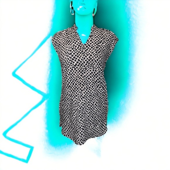 BANANA REPUBLIC MOD Mini Dress Tunic Black Ivory Graphic Print Pockets Sz 10 - Picture 2 of 5